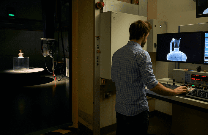 Daniel O’Flynn, X-ray imaging specialist, examining the Blacas Ewer in the British Museum’s X-radiography suite